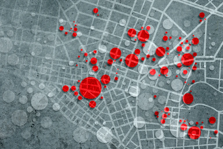 abstract city plan with gray and red dots of various sizes