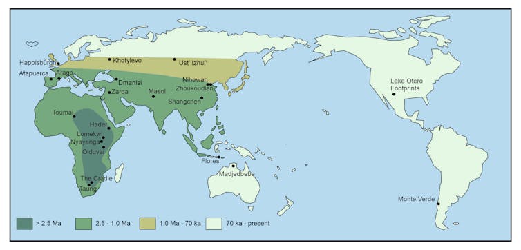 Map of early modern humans' dispersal around the world.