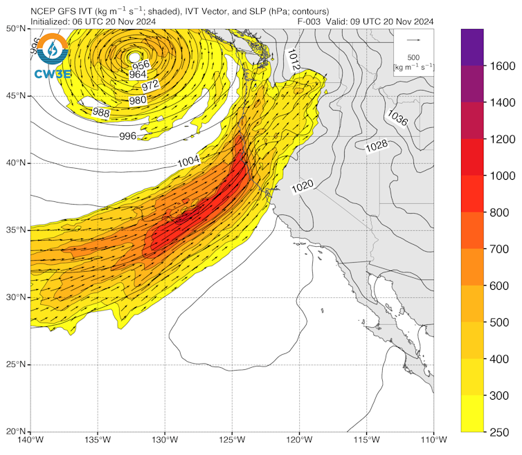 The amount of water vapor is strongest hitting Northern California. The chart shows the bomb cyclone's swirl above the atmospheric river.