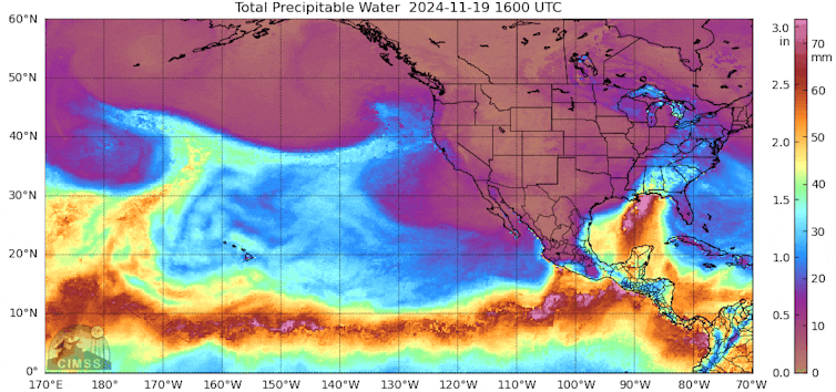 An animation shows a stream of water vapor and how it is pushed toward the coast by the swirling bomb cyclone that sits off the Pacific Northwest.