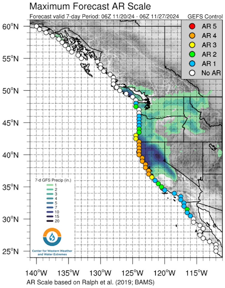 Map shows the strongest storm forecast from Monterey Bay, California, to the southern Oregon, but rain likely at some point during the week all along the coast.