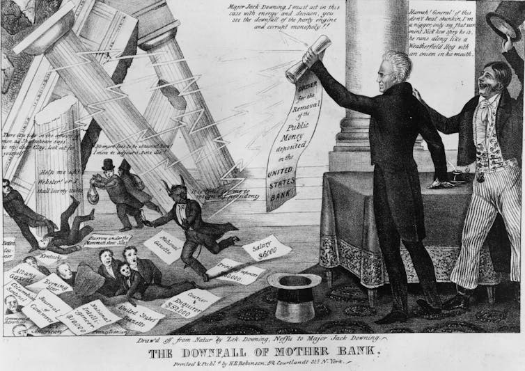 An antique political cartoon of a man brandishing a decree and pillars toppling in the distance.