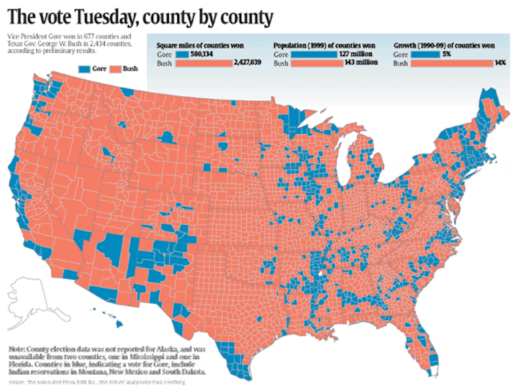 A map of the U.S showing counties colored red or blue.