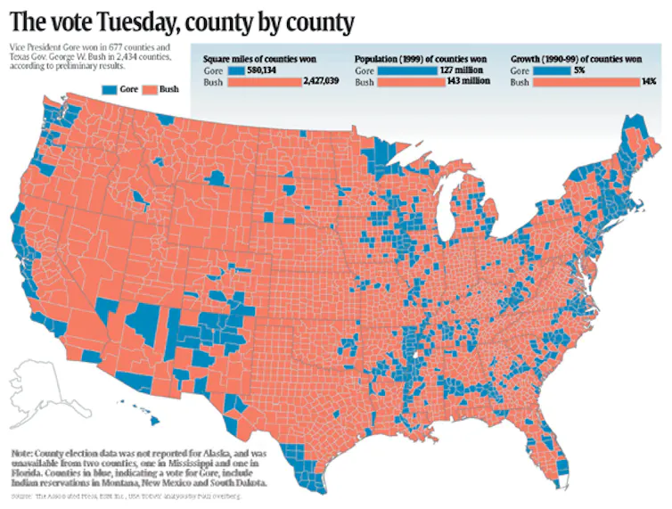 A map of the U.S showing counties colored red or blue.