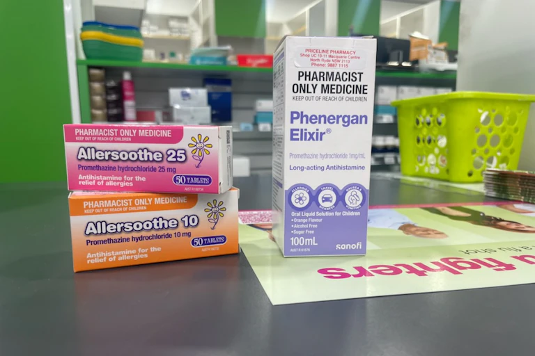 Phenergan and related products on pharmacy counter