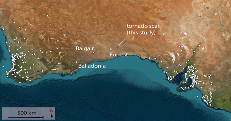 map of Australia's southwest coast with dots showing recorded tornadoes