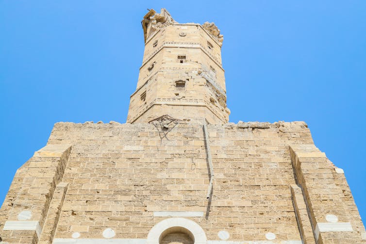 The damaged minaret of the Great Omari Mosque.