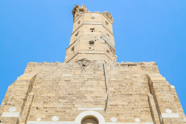 The damaged minaret of the Great Omari Mosque.