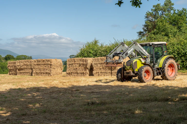 A tractor in front of bales of hay.