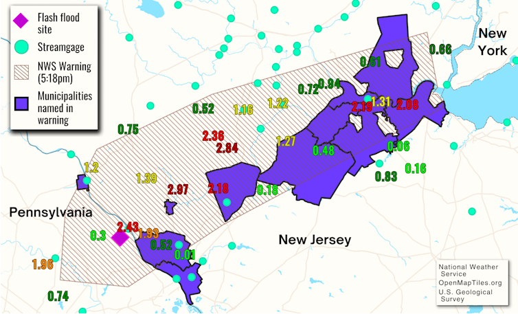A map of the Philadelphia area shows where flooding occurred outside the warning zones