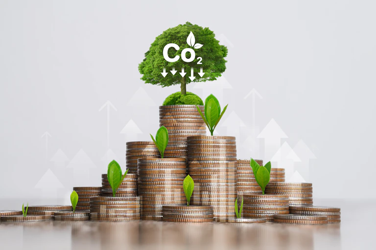 coins stacked in piles, green shoots and a tree growing on top with white word CO2