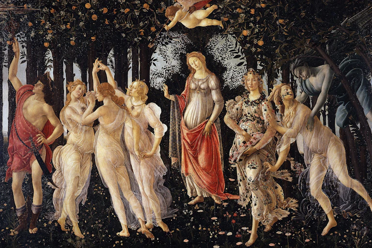 Pintura de varias mujeres rubias y angelicales en diferentes situaciones en un bosque.