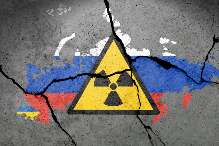 An atomic sign across a Ukrainian flag on a wall.