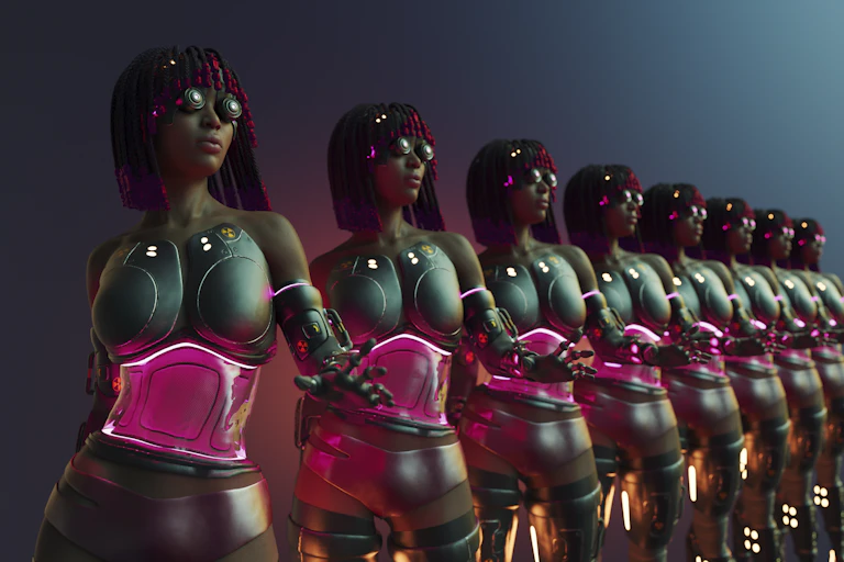 A row of African women with braided hair and android robot bodies with a pink tummy section and goggles on.