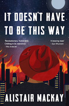 A book cover with an illustration of the back of a person in a hat looking at a burning city.