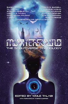 A book cover with an illustration of a human-like figure, their hair a futurist city and sky.