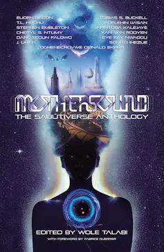 A book cover with an illustration of a human-like figure, their hair a futurist city and sky.