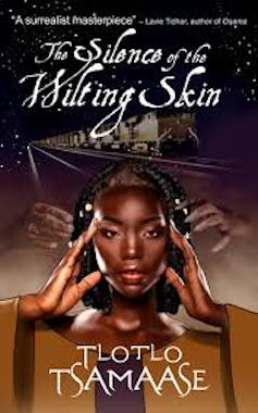 A book cover with an illustration of a young African woman holding her hands to her temples, behind her hands reach out for her from a rail track with a train on it.