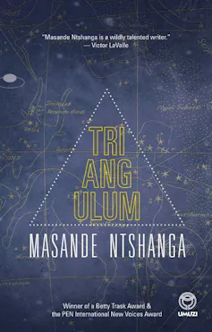 A book cover in navy with celestial mappings and a dotted triangle.