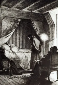 Dibujo de una mujer en su lecho de muerte.
