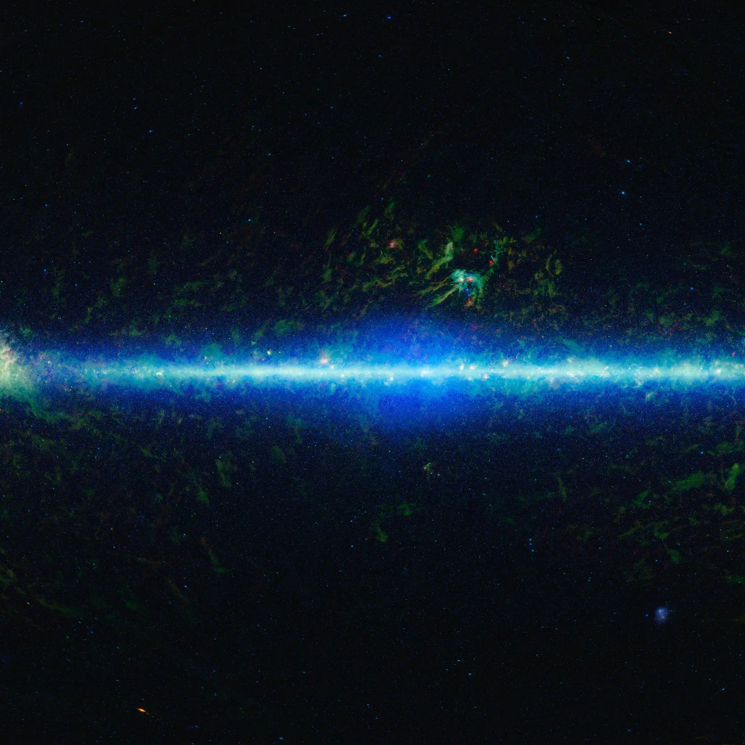 Space, with a bright line in the center representing stars and galaxies.