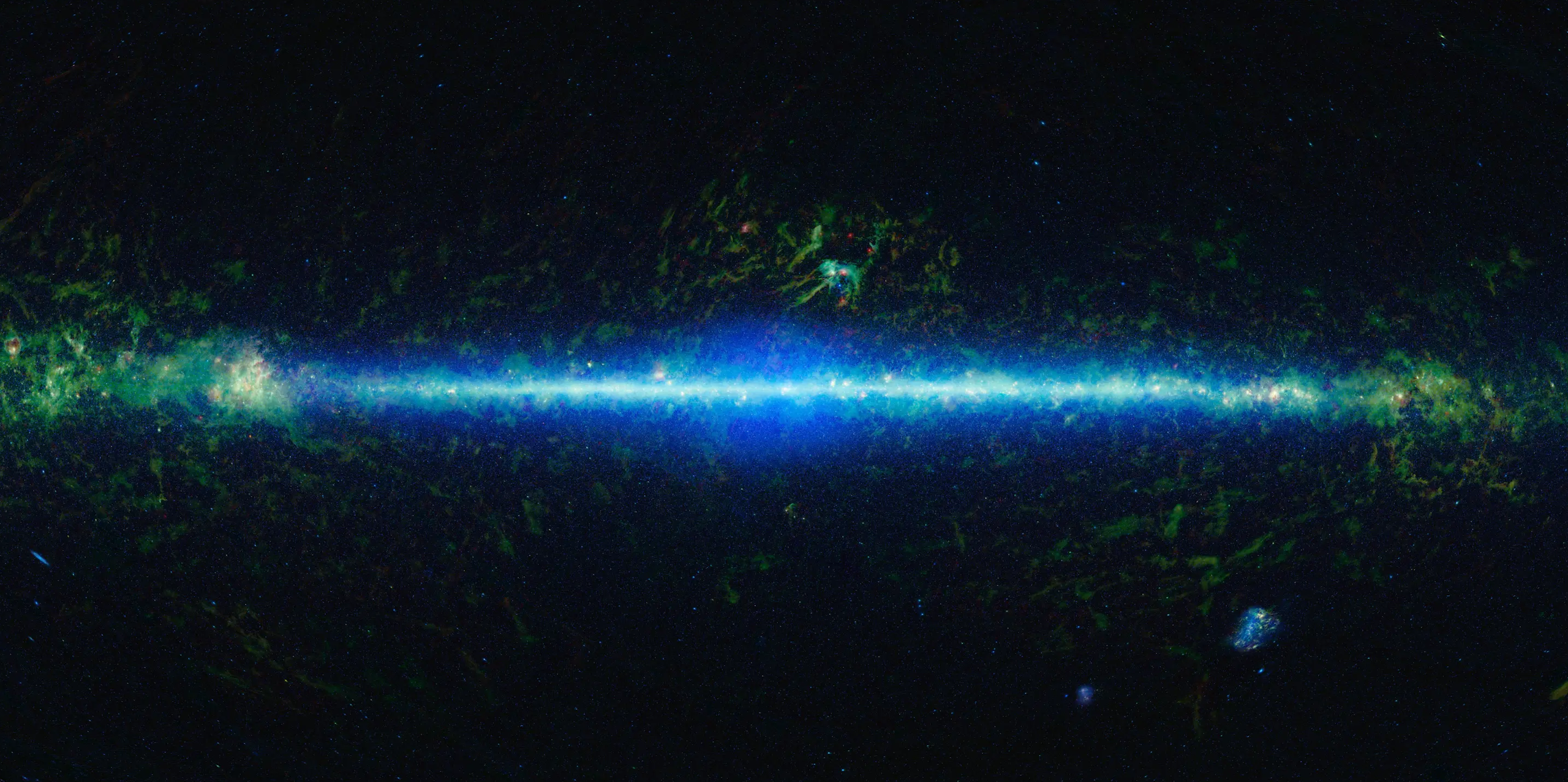 Space, with a bright line in the center representing stars and galaxies.