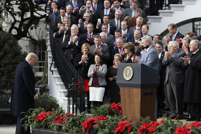 Lawmakers on the steps of the White House applaud Donald Trump.
