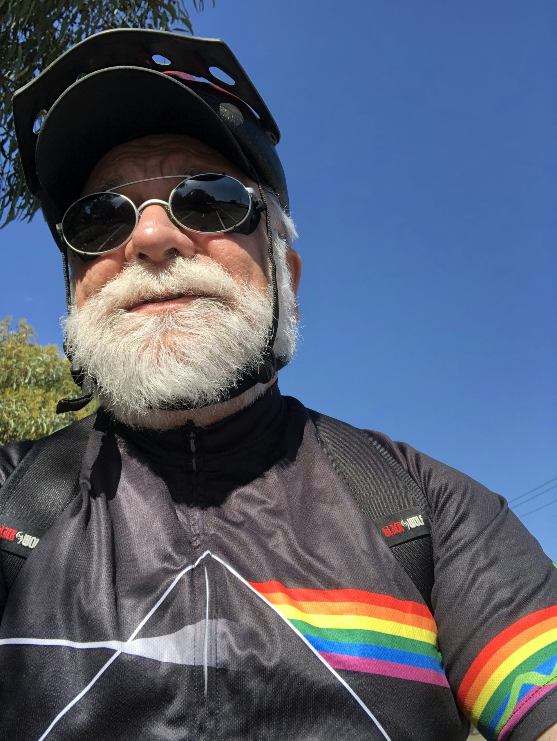 Man in biker jacket, helmet and sunglasses