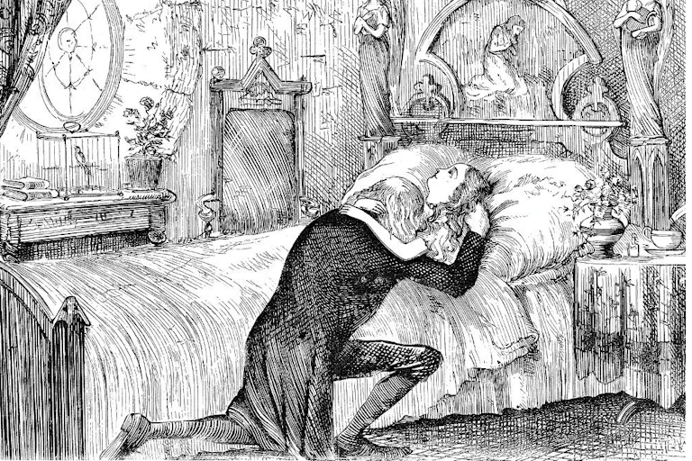 Illustration of an old man at the bedside of a dead child, arms wrapped around each other