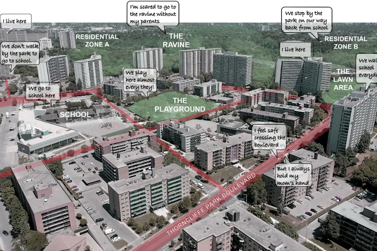 An aerial view of a neighbourhood with quotations super imposed over different areas