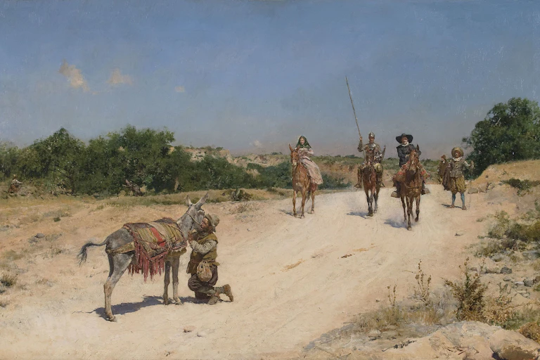Pintura en la que se ve a un hombre abrazando a un burro.