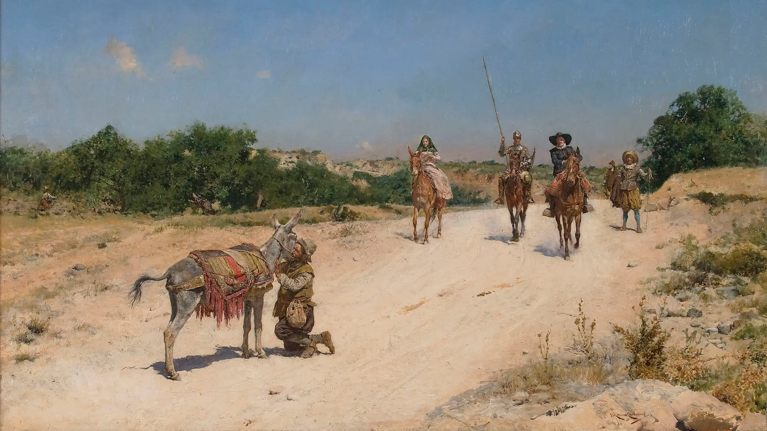 Pintura en la que se ve a un hombre abrazando a un burro.