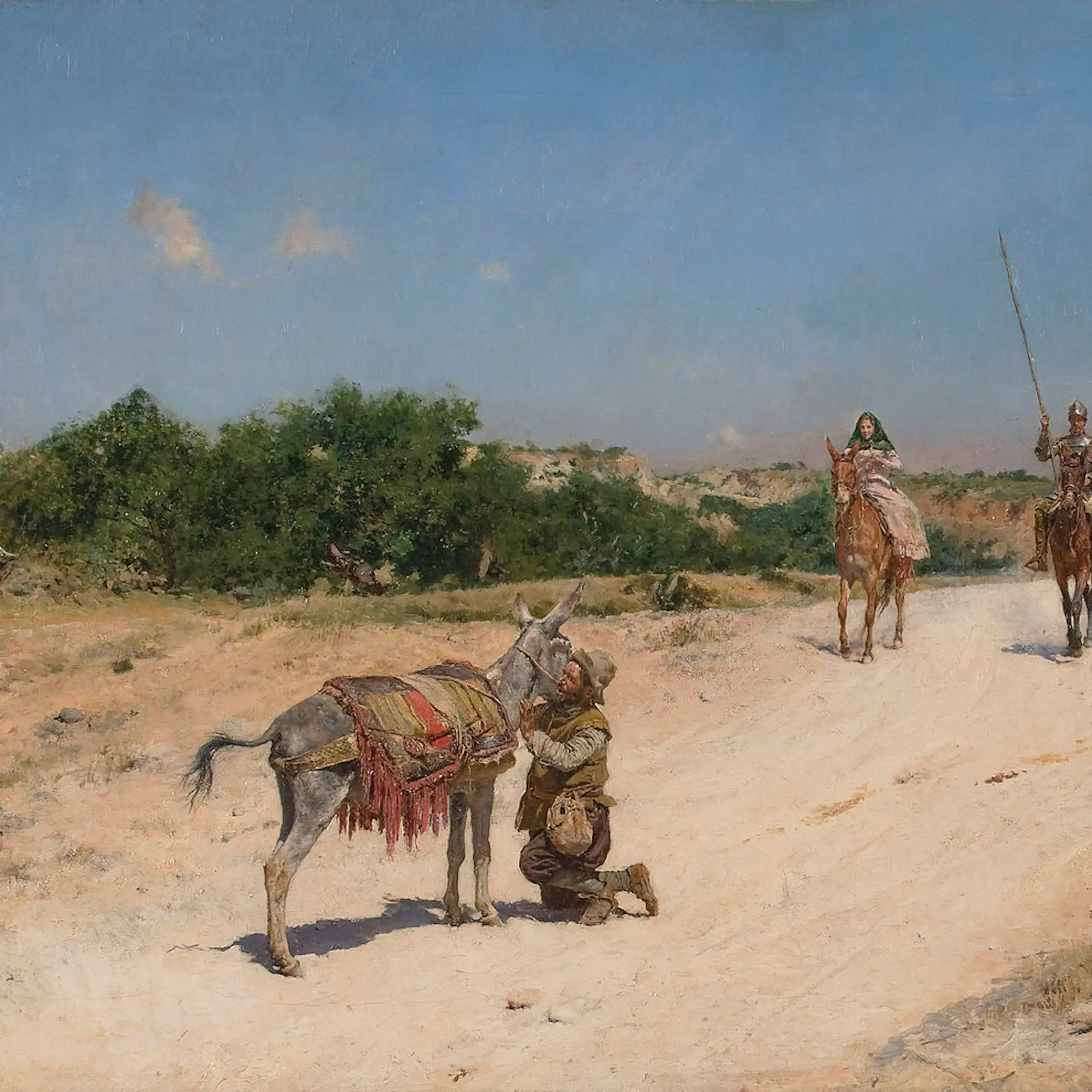 Pintura en la que se ve a un hombre abrazando a un burro.