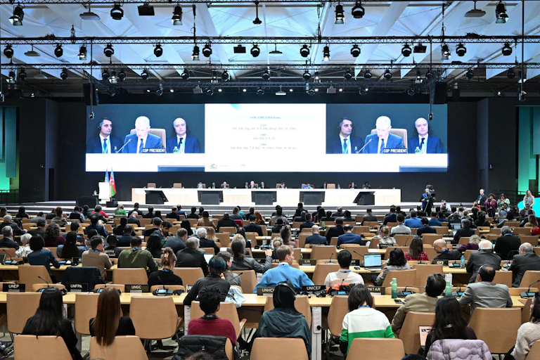 Le président de la COP29, Mukhtar Babayev, s'exprime lors de la première séance plénière de clôture de la conférence sur le climat de la COP29 à Bakou, le 23 novembre 2024.