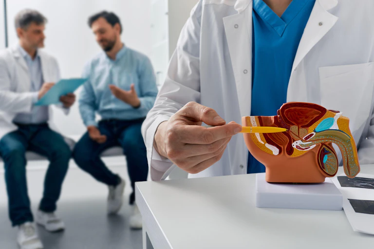 A doctor points to the prostate gland on a plastic cutaway model of the male reproductive organs.