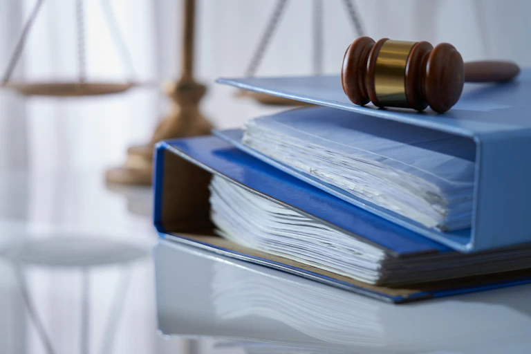 Two thick binders full of documents, topped with a gavel