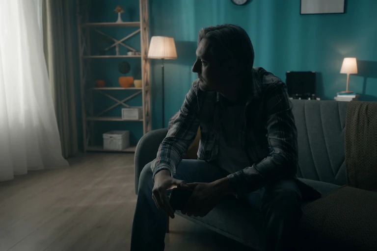 A man sits alone on the sofa in a darkened living room, looking blankly out towards the window