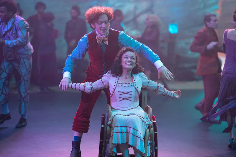 Ethan Slater and Marissa Bode dancing in Wicked.
