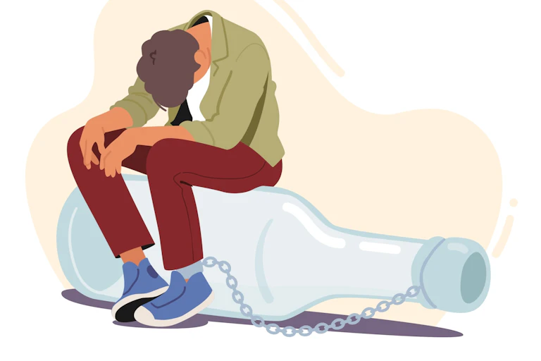 A drawing of a slumped man chained and sitting on an empty bottle.