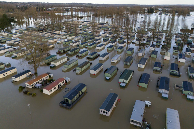 Rows of flooded homes.