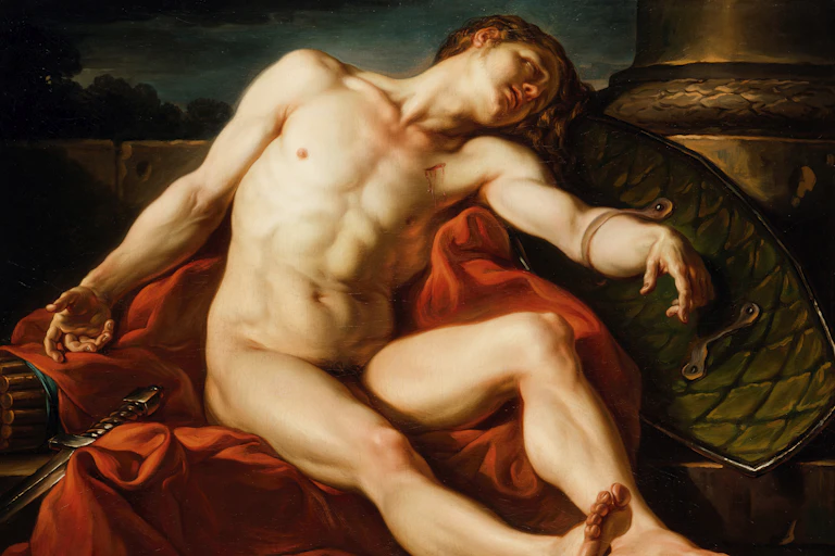 Painting of naked man collapsed, with a shield dangling from his arm and blood trickling down his chest from a small wound.