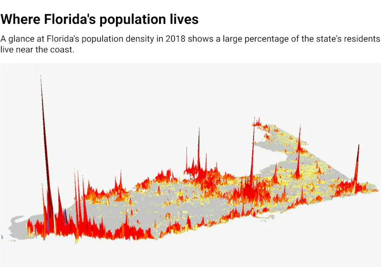 Map of Florida population density shows highest population along the coast.