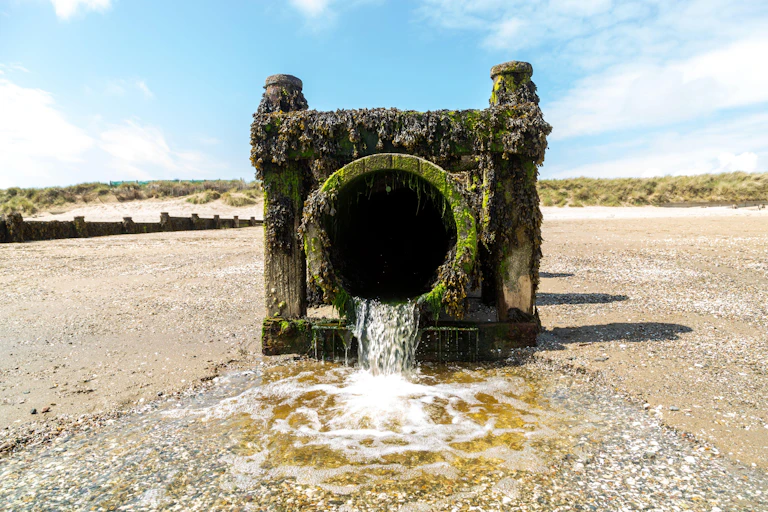 A waste water pipe with water discharging onto a beach