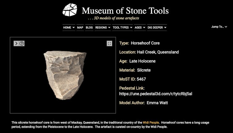 Website screenshot showing a stone tool and information
