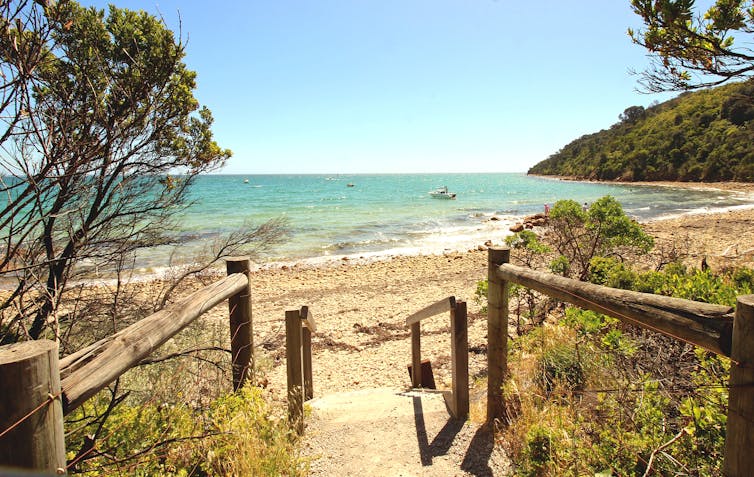 Pathway to Australian beach cove with blue water