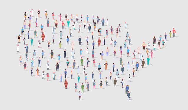 Artistic portrayal of a large group of people standing in the shape of the U.S. map.