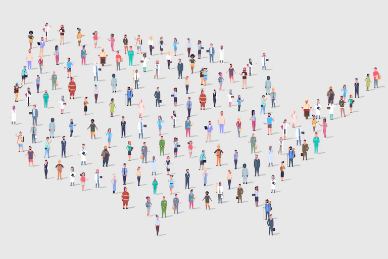 Artistic portrayal of a large group of people standing in the shape of the U.S. map.