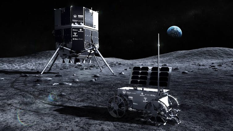 An illustration of a lander, which looks like a box covered in solar panels with legs, and a rover, which looks like a box with wheels, a solar panel and an antenna