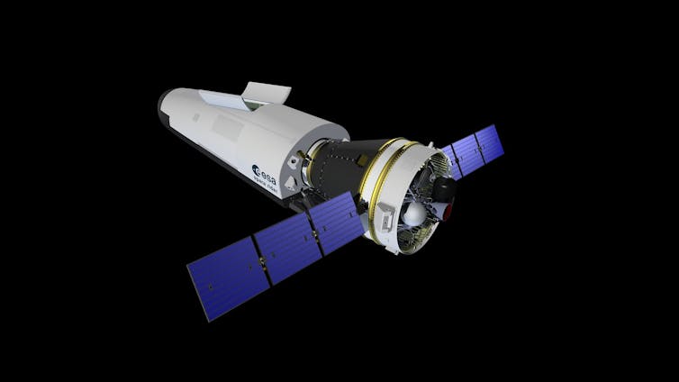 An illustration of the Space Rider craft, which has two parts: a conical capsule with two antenna attached, and a cylindrical component.
