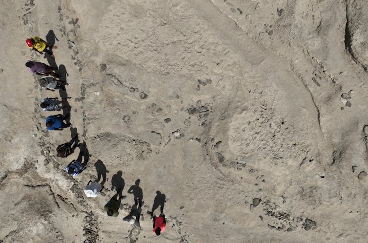 aerial view of about a dozen people standing in a curve on a rocky bare landscape